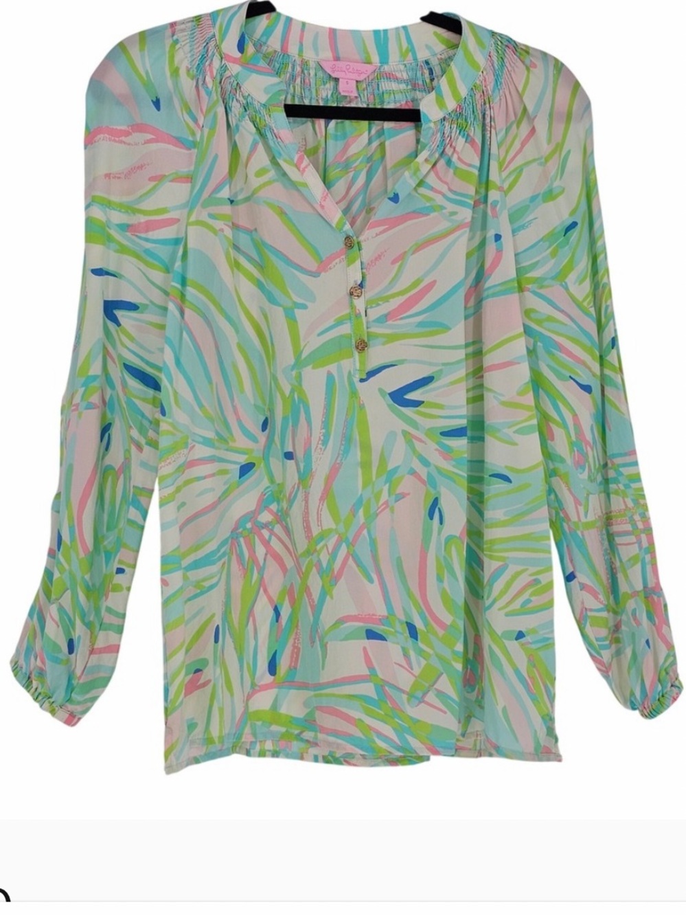Lilly Pulitzer Elsa Silk Tunic Med Pink Blue Abstract Palm Smocked Button Resort - Picture 3 of 8